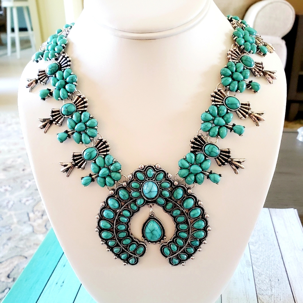 Turquoise Silvertone Boho Squash Blossom Necklace